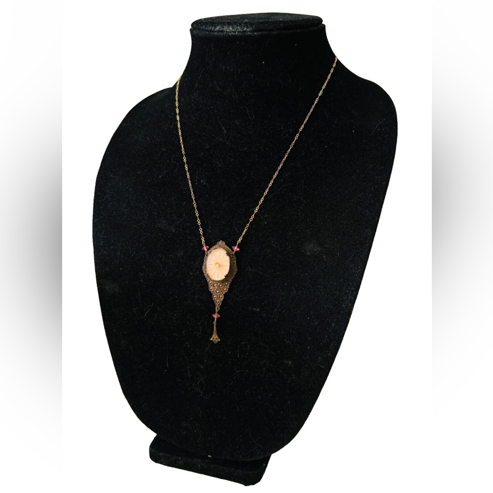 Vintage PIDIDDLY LINKS Pink Frosted Glass Victorian Revival Pendant Necklace 20”